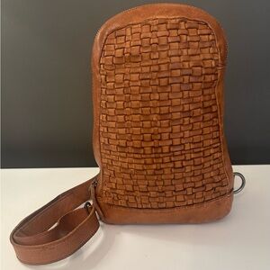 Valencia Holland Brown Leather Sling Bag Intrecciato Tan Adjustable Strap Woven